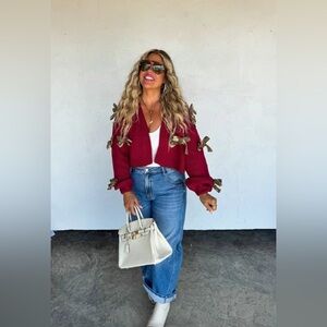 Blakeley Sloane Bow Knit Cardigan in Burgundy